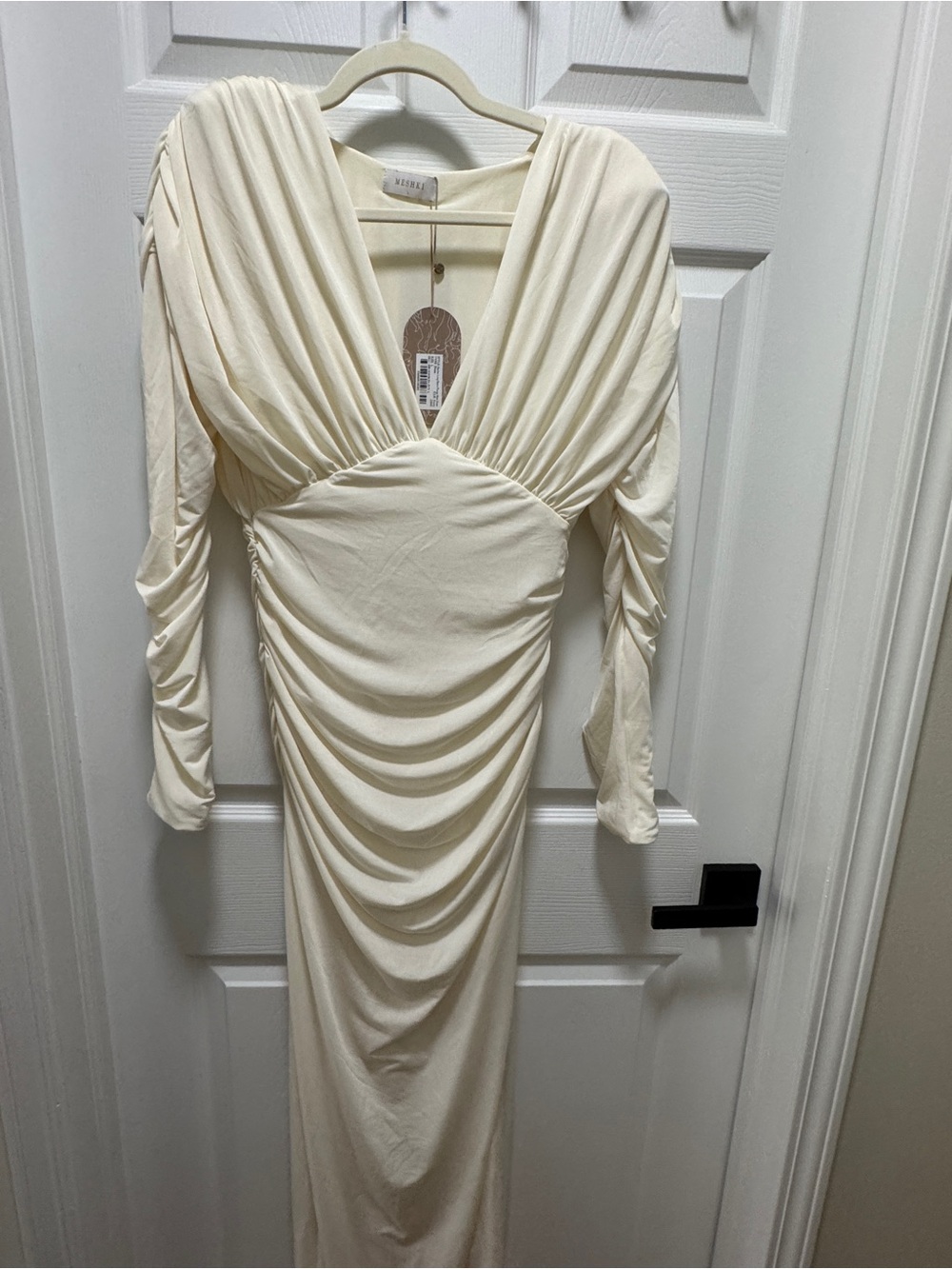 Meshki Ivory Draped V-Neck Long Sleeve Maxi Dress
